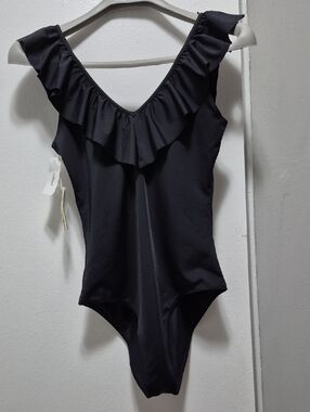 Wilfred Black Ruffled V-Neck One-Piece Swimsuit